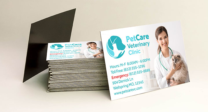 A stack of Veterinary Clinic Business card magnets featuring the business info and a female vet.